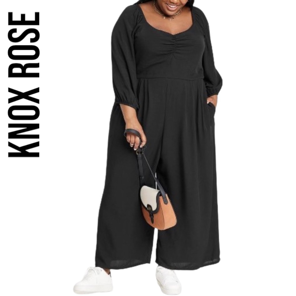 Knox Rose 3/4 Puff Sleeve Smocked Jumpsuit ~ Black ~ Size 2X